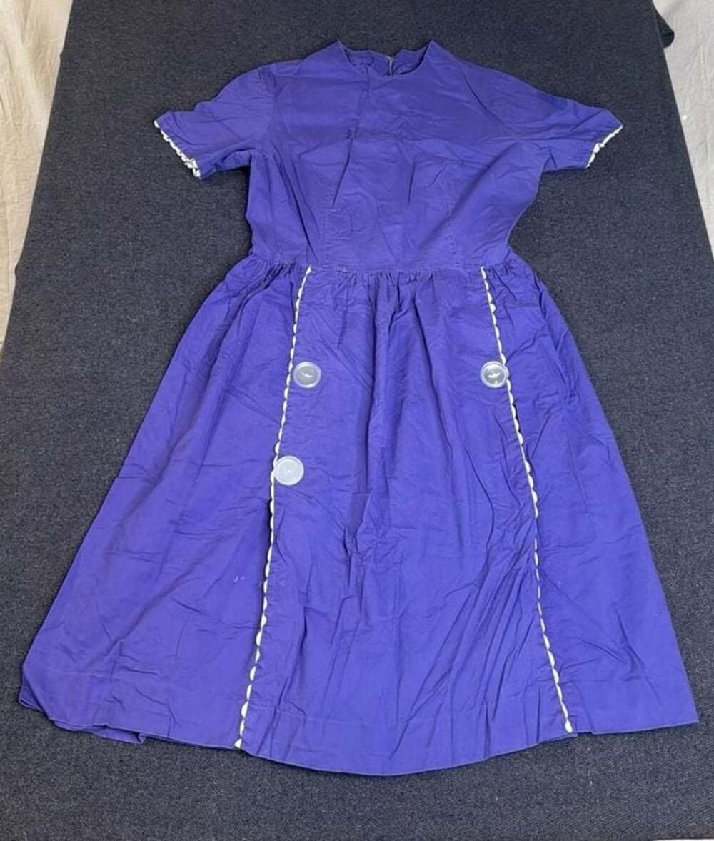 Vintage 1950s Purple Cotton Fit & Flare Day Dress with Rickrack Trim